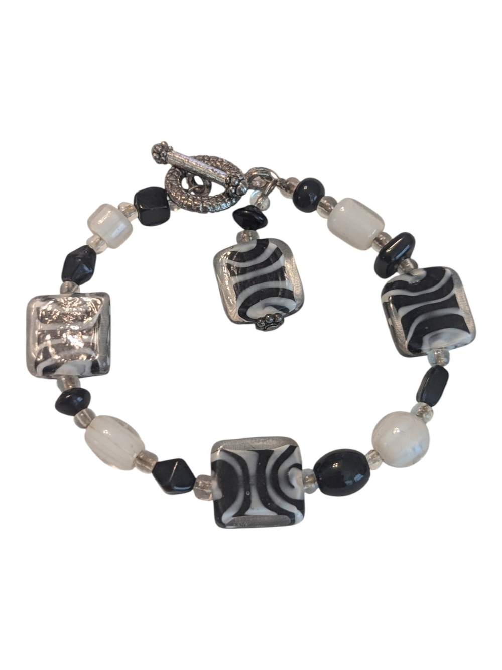 Vintage Glass Black White Zebra Striped Bead Silver Tone Bracket 8.75"